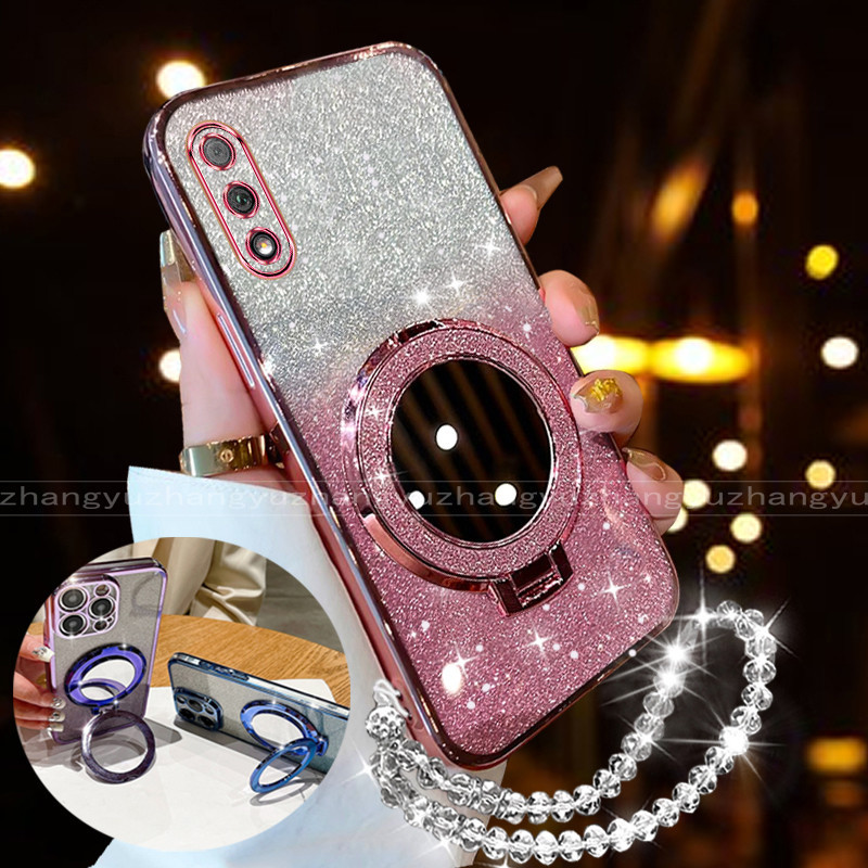 เคสสําหรับ Moto e6s 2020 e61 Sparkling Powder Luxury สร้อยข้อมือลูกปัดขนาดเล็กกระจกแต่งหน้าเคสโทรศัพ