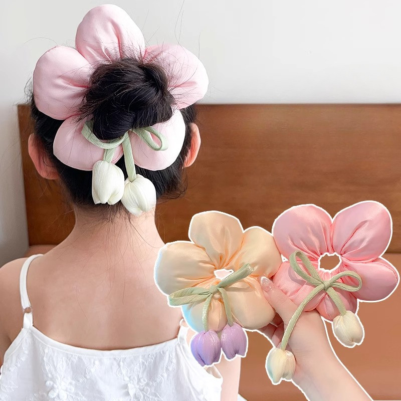 เด็กเด็กดอกทิวลิปรูปดอกไม้เชือกผม ยางรัดผม หางม้าผูกผม หมวก เครื่องประดับผม