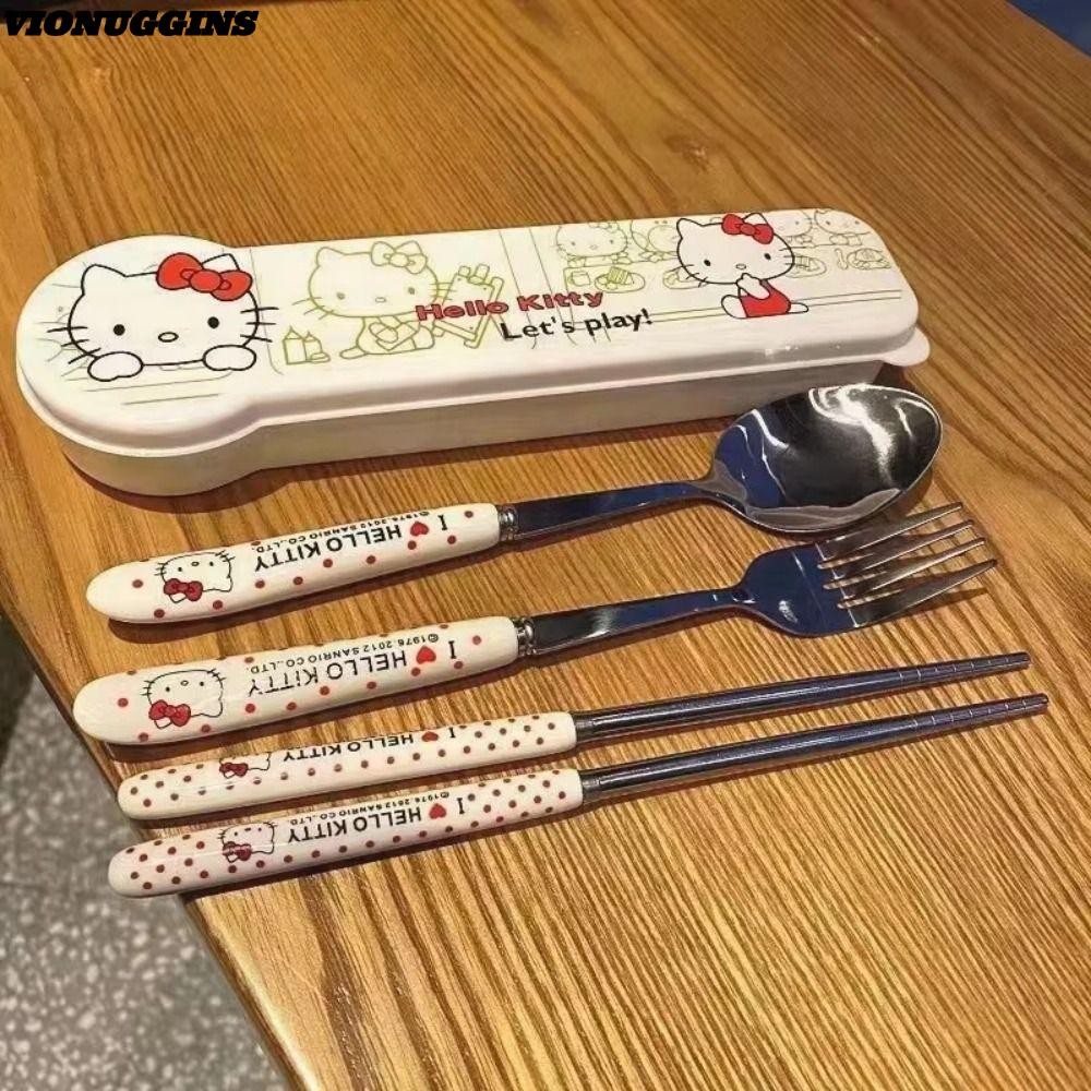VIONUGGINS เครื่องใช้บนโต๊ะอาหาร, สแตนเลสพร้อมกล่องตะเกียบช้อนชุด, ช้อนการ์ตูน Hello Kitty สวยงามสําหรับทํางาน