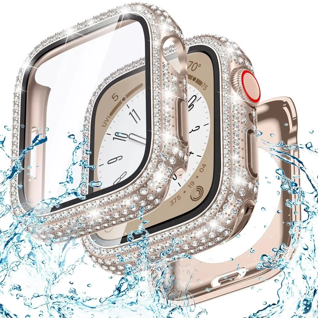 Bling แก้ว + ฝาครอบเพชร PC กันชน + หน้าจอสําหรับ Apple Watch 45 มม.44/40 41 มม.Iwatch Series 10 46 มม.42/9 8 7 5 6