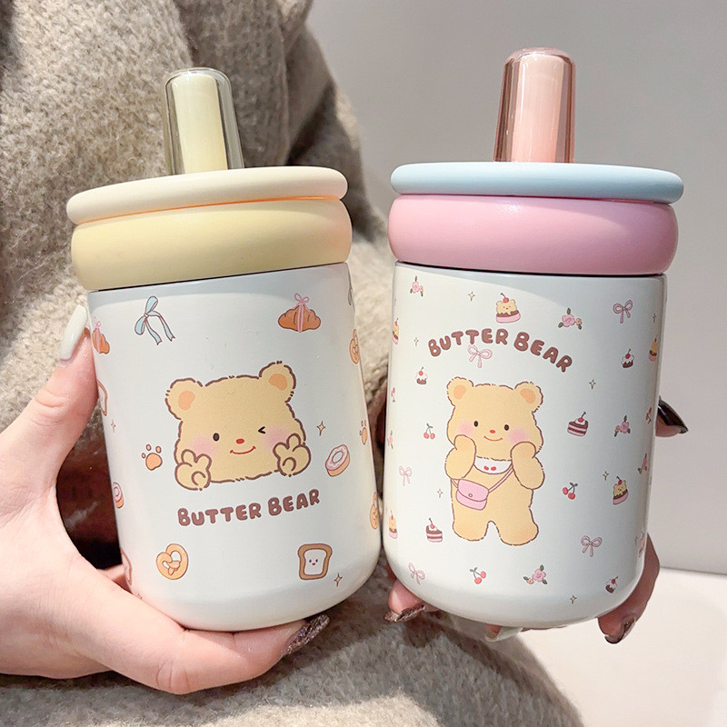 Butter Bear Thermos Cup Girls High-value 316 Stainless Steel Large-capacity Portable Student Cute Straw Cup