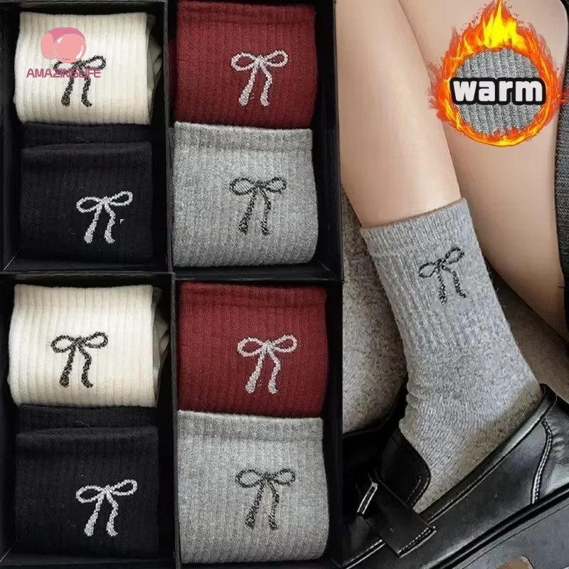 Retro Ankela Red Bowknot Middle Tube Socks - Winter Sweet Girls Lolita Warm Sock - เครื่องประดับแฟชั่นอเนกประสงค์ที่สะดวกสบาย