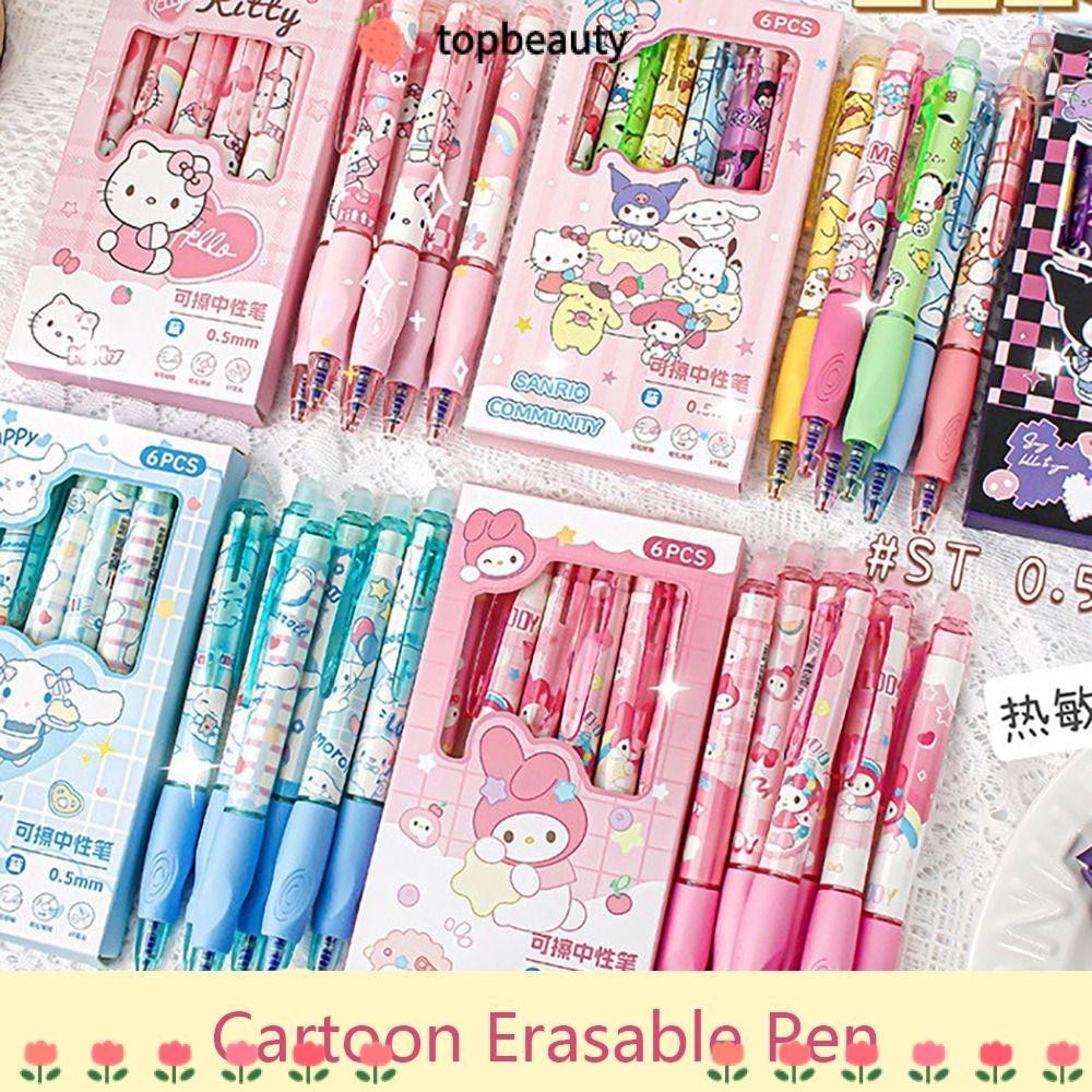 Topbeauty 6 ชิ้น/เซ็ตปากกาลูกลื่น,Quick Drying Kuromi/Melody/Pochacco Erasable ปากกา,แบบพกพาที่ถูกต้อง Grip ท่าทาง 0.5 มม.หมึกสีฟ้าปากกาเจลโรงเรียนอุปกรณ์สํานักงาน