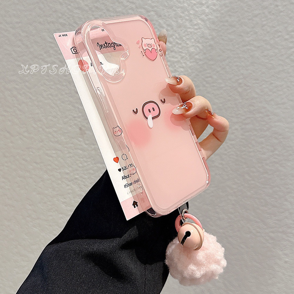 หมูสีชมพู + จี้ลูกผมด้านข้างรูปแบบเคสโทรศัพท์สําหรับ iPhone 16 Pro Max 15 Pro Max 14 13 Pro Max กันกระแทกป้องกันปลอก