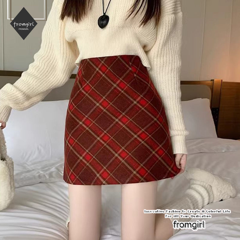 เกาหลีสบายๆเอวสูงเอวยางยืดทวีดลายสก๊อตฤดูใบไม้ร่วงสลิมมิ่งครึ่งความยาวสีทึบลายสไตล์กระโปรงสั้น