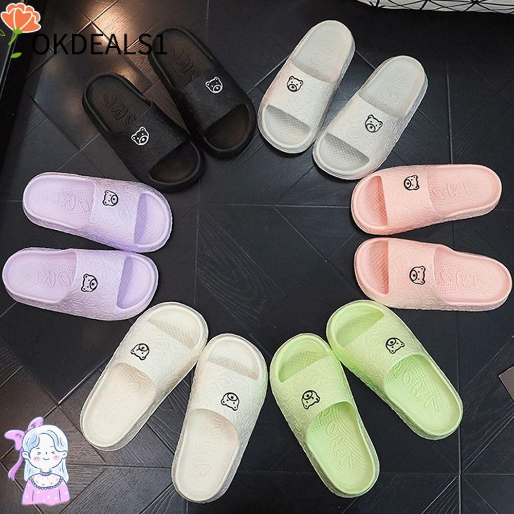 Dealshop รองเท้าแตะผู้หญิง, EVA หมีน่ารักตกแต่งรองเท้าแตะแบน,แฟชั่นลื่นสีทึบ Lithe บางรองเท้าแตะห้องน้ําใช้ในบ้าน