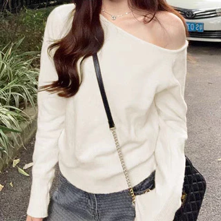 เสื้อยืดถักไหล่ไม่สม่ำเสมอสีเหลืองผู้หญิงฤดูใบไม้ร่วงใหม่สลิมฟิตแขนยาวปิดไหล่