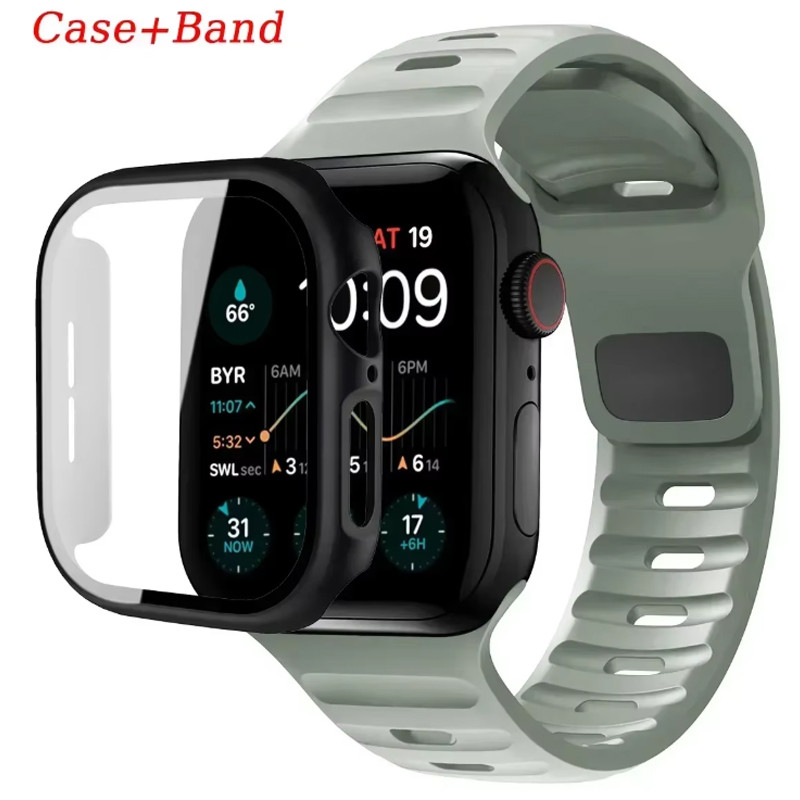 สายซิลิโคน + PC คลุมทั้งหมดสําหรับ Apple Watch 10 46 มม./42 มม.Ultra 49 มม.45 มม.44 มม.41 มม.40 มม.42 มม.38 มม.Iwatch Series10 9 8 7 6 5 4 SE 2 3