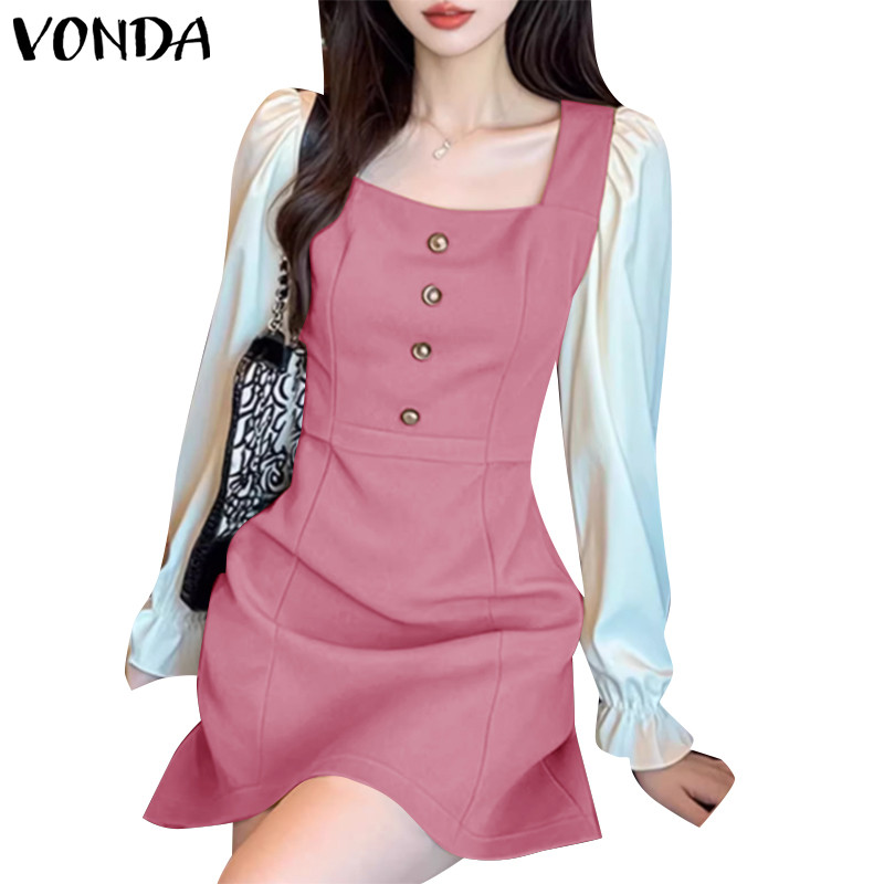 Vonda ชุดเดรสคอเหลี่ยมแขนยาวกระดุมแถวเดียวเกาหลีสําหรับผู้หญิง