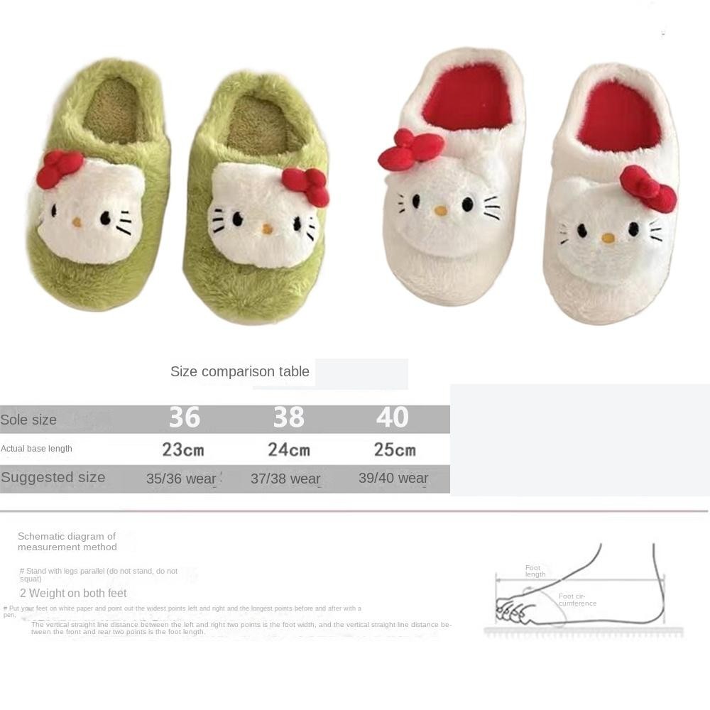 Hgougv656 รองเท้าแตะ Hello Kitty, ฤดูหนาวที่อบอุ่นลื่นรองเท้าแตะ Sanrio Plush, แฟชั่นคุณภาพสูงป้องกันกลิ่นน่ารักโบว์รองเท้าแตะผู้หญิงปี Xmas