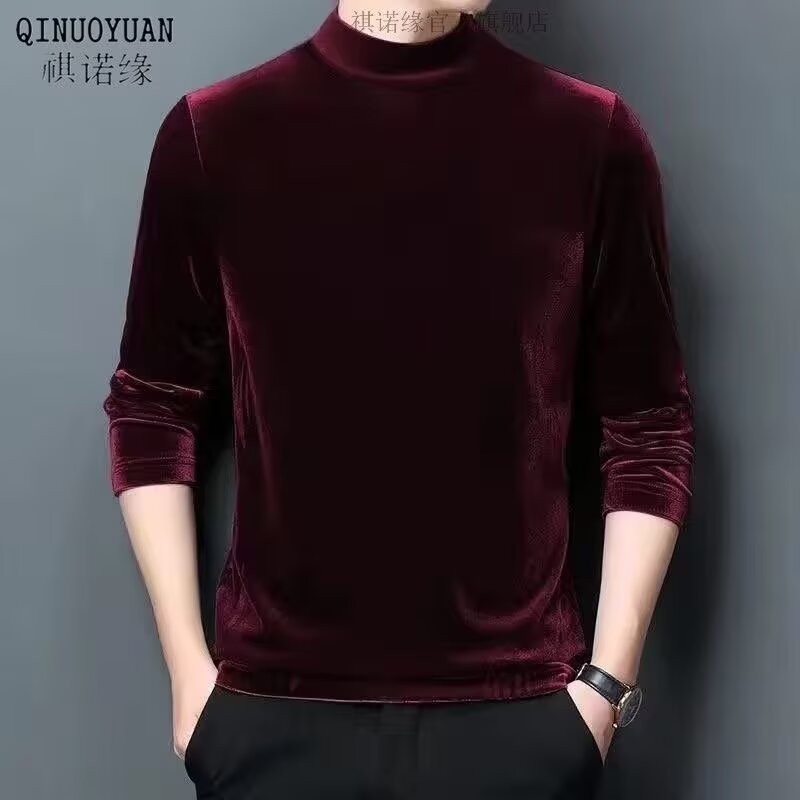 เสื้อสเวตเตอร์กํามะหยี่สีทองสีทึบสําหรับผู้ชายพร้อมกํามะหยี่หนาและเสื้อสเวตเตอร์อุ่นคอสูงกึ่งกึ่งสูง