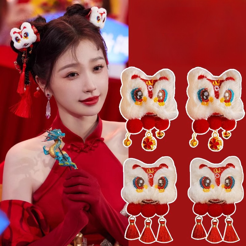 สวัสดีปีใหม่จีนกิ๊บสีแดงคลิปเรียบ ชม. หูฟัง เครื่องประดับผม