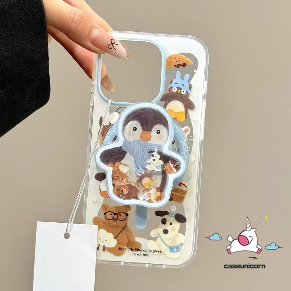 การ์ตูนฤดูหนาว Penguin Creative ขาตั้งน่ารัก Puppy Bear คู่สําหรับ IPhone 7Plus 14 16 13 11 12 15 Pro Max XR 16 7 14 15 8 Plus X XS Max SE 2020 โปร่งใสนุ่มกรณี