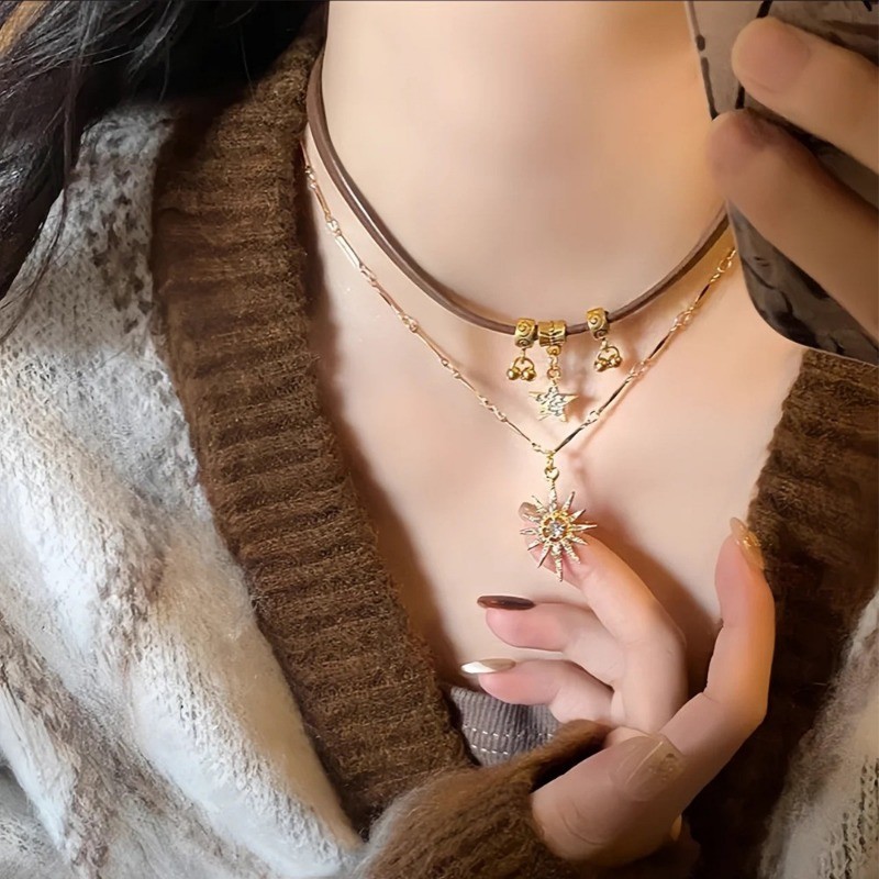 สร้อยคอเพทายซันสตาร์ปรับได้สําหรับผู้หญิง-หนังสองชั้นดาวจี้โซ่เค้นคอ - รูปที่ 2