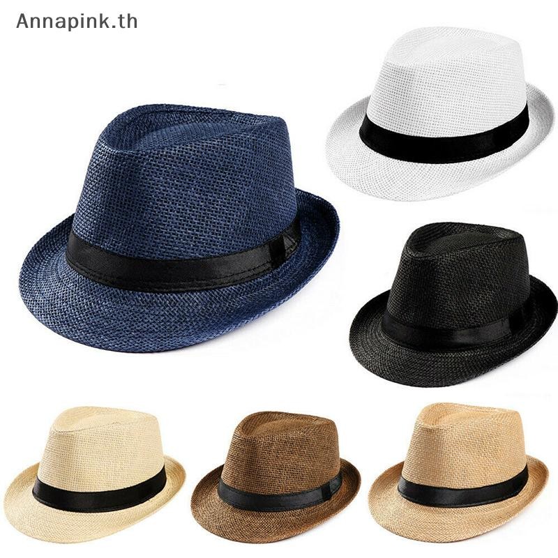 Annapink.th หมวก Unisex ผู้ชายผู้หญิง Fedora Trilby กว้าง Brim ฟางชายหาด สุภาพบุรุษ Adlut EN