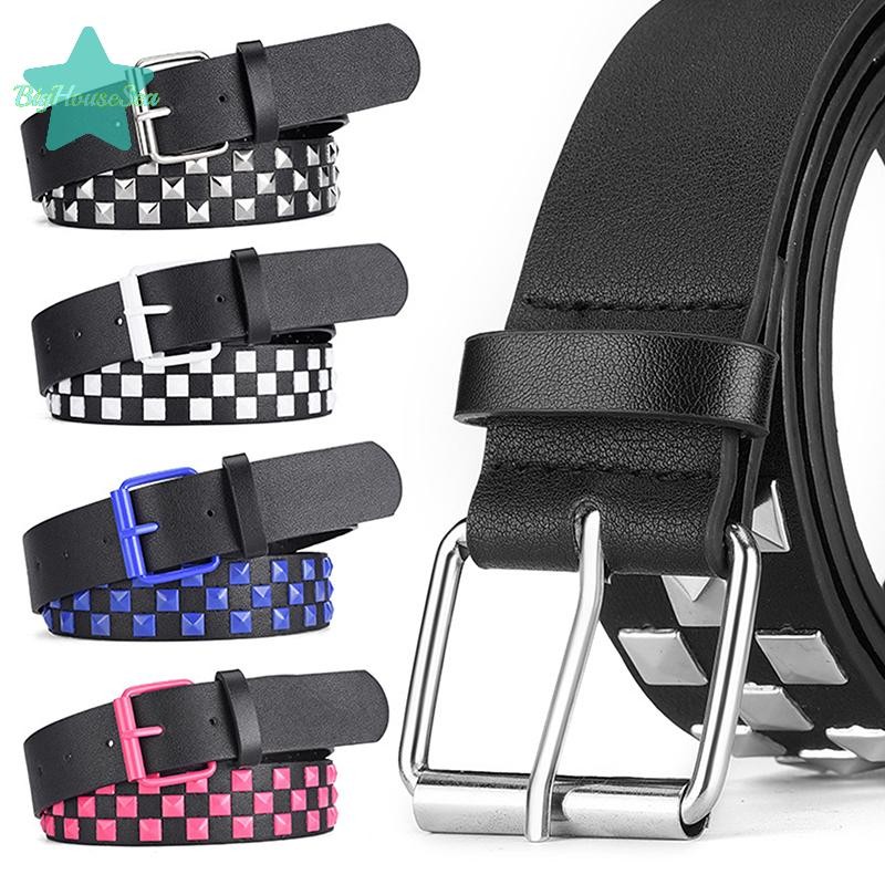 [BigHouseSea] ใหม่ Personalised Rivets Checkerboard เข็มขัดหนัง PU 107 ซม.ผู้ชายและผู้หญิง Universal แฟชั่น Hip-hop Punk เข็มขัด Ins สไตล์ใหม่