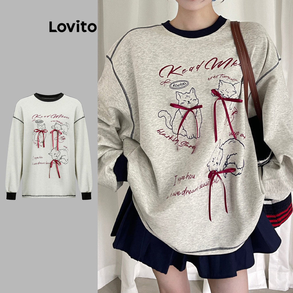 Lovito เสื้อสเวตเตอร์คอปกลายการ์ตูนผูกโบว์สำหรับผู้หญิง L110AD1296
