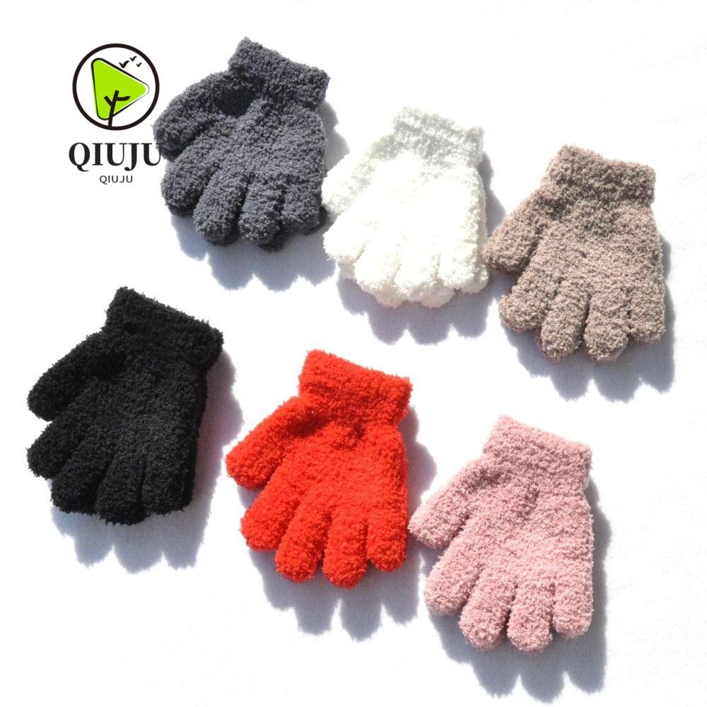 Qiju ถุงมือเด็ก, Warm สีทึบ Warm Mittens, คุณภาพสูง Plush Furry Thicken เต็มนิ้ว Guantes ฤดูหนาว