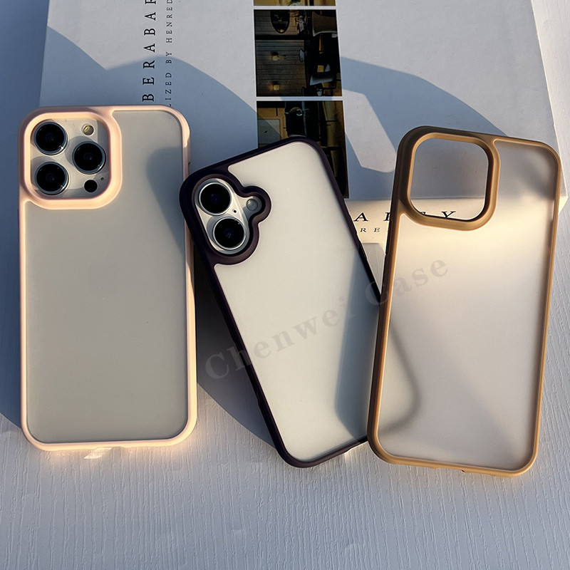 2025 กันกระแทกโปร่งใส Matte Case Soft กันชนสําหรับ iPhone 16 16Pro 16Plus 16Promax 15 15Pro 15Promax 14 14Pro 14Promax 13 13Pro 13Promax 12Pro 12Promax 11 สีม่วงสีกากีสีชมพู