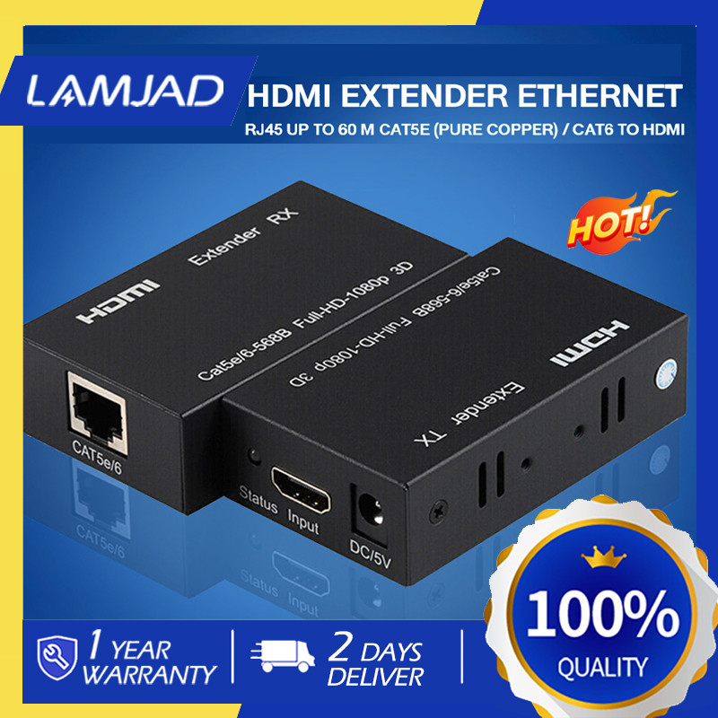 【พร้อมส่ง】60M Extender HDMI To LAN Port RJ45 Network Cable Extender Over by Cat 5e/6 1080p Black