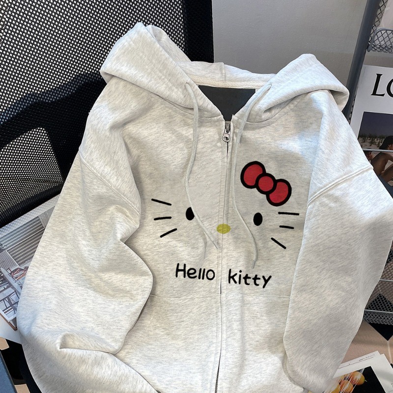 การ์ตูนพิมพ์น่ารัก สวัสดี คิตตี้ ฤดูใบไม้ร่วงคาร์ดิแกนคลุมด้วยผ้าเสื้อกันหนาวหลวมสบายๆคู่แขนยาวซิปด้านบนของผู้หญิง