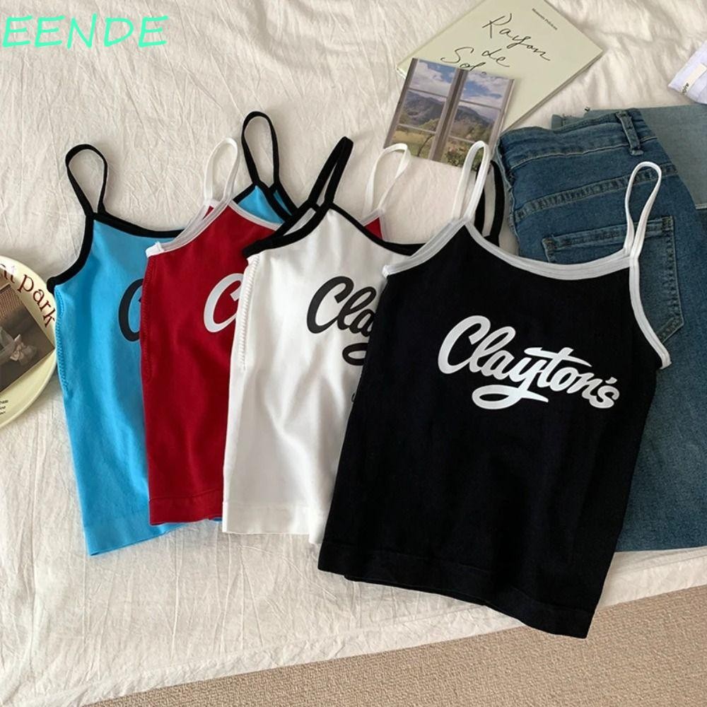 Eende ผู้หญิง Y2K Crop Tops,รอบคอ Camisole Letter พิมพ์เสื้อกล้าม,All-Match พร้อม Pads Bralette แขนกุดชายหาด