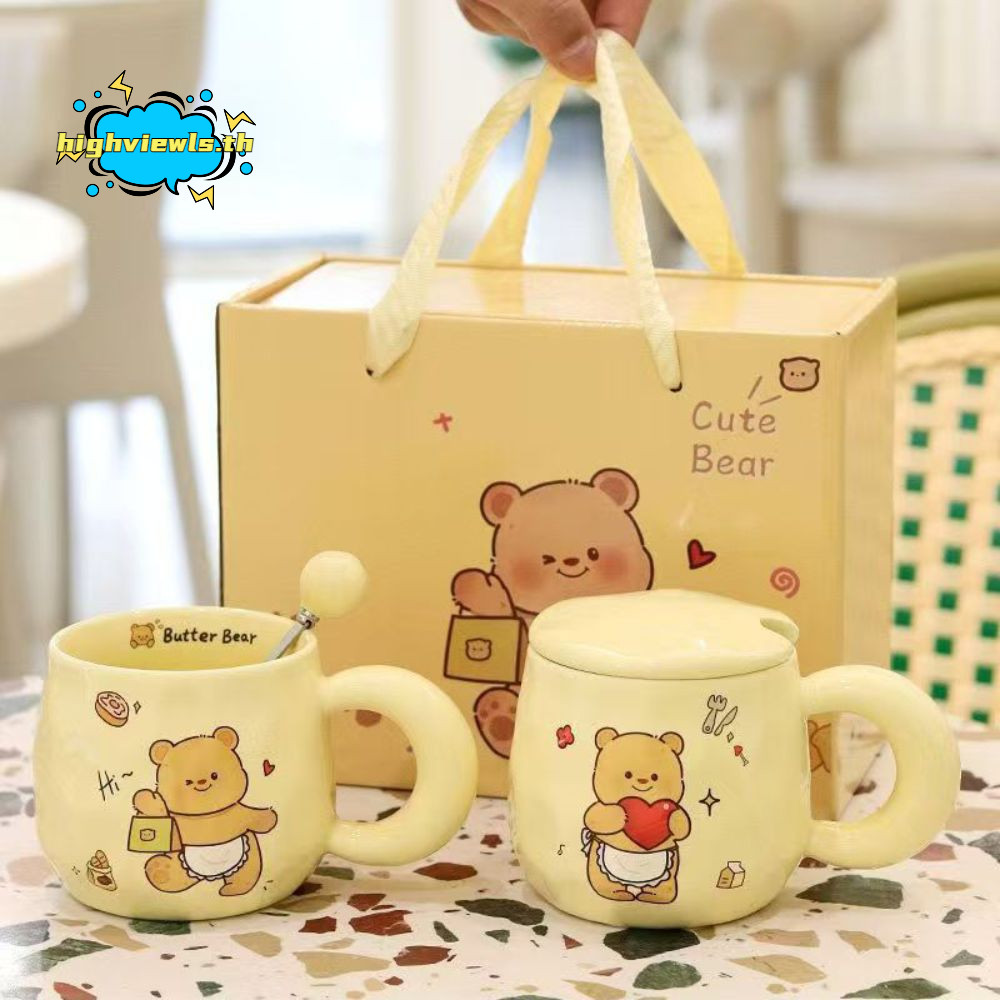 ถ้วยกาแฟ ทุกอย่าง ช้อนฝาการ์ตูนหมีเนยแก้วใช้ในบ้านถ้วยเซรามิกน่ารักของขวัญวันเกิด
