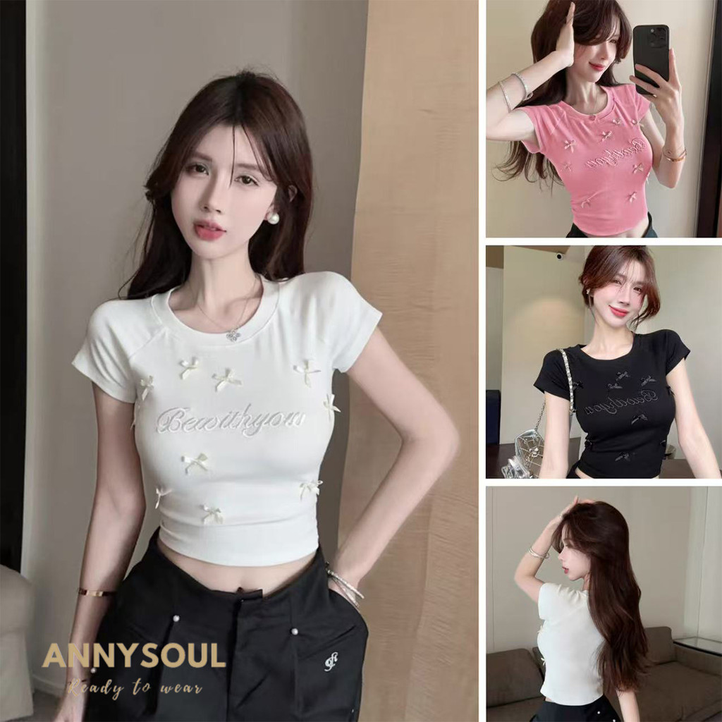 เสื้อยืดแขนสั้นปักลายโบว์ สไตล์หวานๆ สำหรับสาวๆ