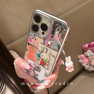 Huiwanju เปลือกไฟฟ้ากระจกกระต่ายเหมาะสําหรับ iPhone16promax เคสโทรศัพท์มือถือ 15pro เคสป้องกัน 1413 สาวเรียบง่าย 11