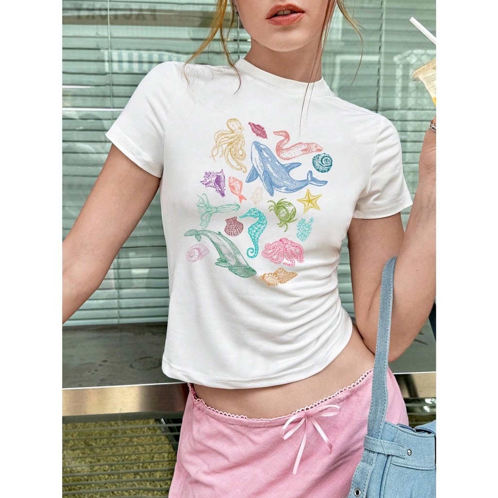 (พร้อมส่ง)เสื้อยืด baby tee เสื้อครอปสีพื้น  เสื้อครอปน่ารักลายปลาวาฬ ปลาหมึก หอยมุก ผ้าคอตตอน 100%