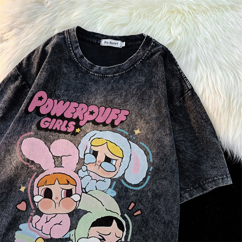 Pofloret เสื้ิอผ้าฟอก ลายวินเทจ oversize แขนสั้นคอกลม ผ้าเนื้อนุ่ม สวมใส่สบาย I000220