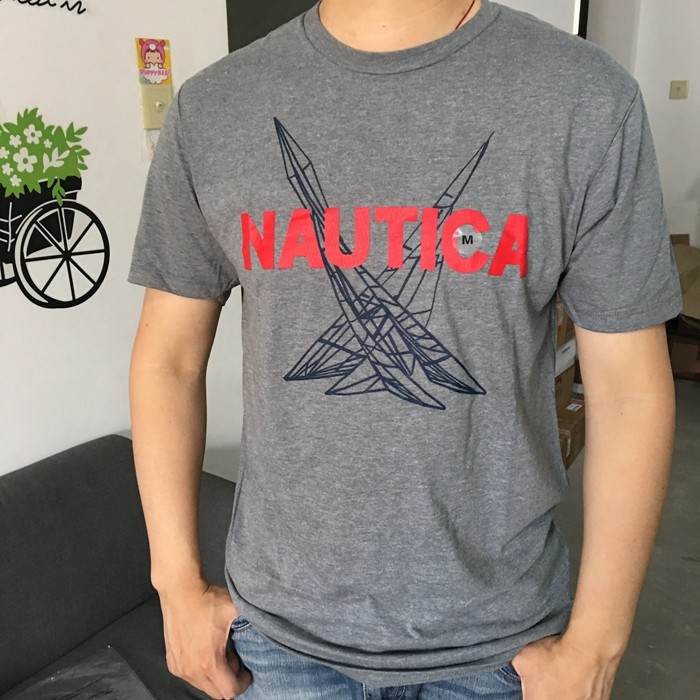 NAUTICA NAUTICA เสื้อยืดคอกลมผ้าฝ้ายแท้สําหรับผู้ชายแขนสั้น T @-