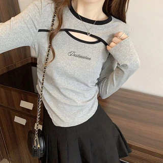 เสื้อยืดโอเวอร์ไซส์ (40-150 กก.) เสื้อแขนยาวทรงกลวงสไตล์เกาหลี เสื้อยืดพลัสไซส์ พิมพ์ลายสายรัด ทรงสลิมฟิต เสื้อยืด
