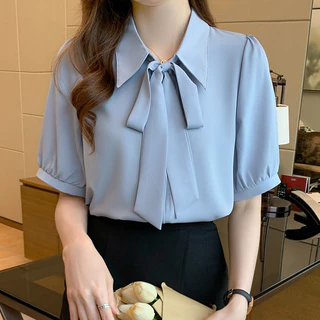 Rommers เสื้อเชิ้ตแขนสั้น เสื้อริบบิ้นสไตล์เกาหลี เสื้อสไตล์อ่อนโยน ชีฟอง สูงสุด