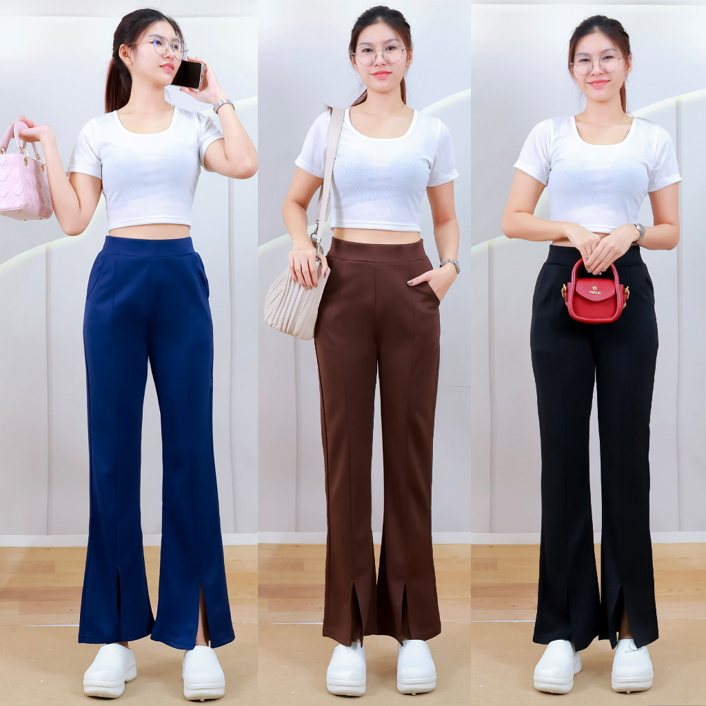 กางเกงขายาว 9ส่วน ทรงขาม้า ปลายขาผ่าข้าง ตีเกล็ดหน้า ผ้าเกาหลี เนื้อผ้านิ่ม ใส่ทำงานได้ เก็บทรงสวย p902#