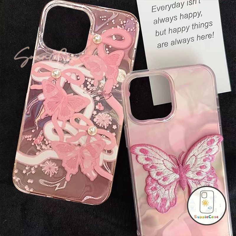 เคสไอโฟน สีชมพู ผีเสื้อ สำหรับ IPhone 16 12 13 11 14 15 Pro Max 7Plus 8Plus XR X XS Max 7 8 6 6s Plus SE ระลอกน้ำ เคส