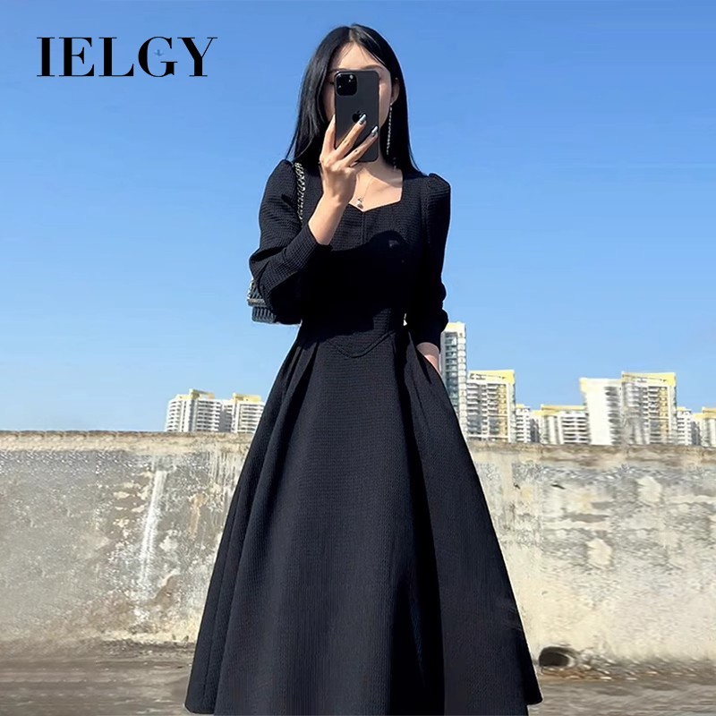 IELGY ชุดเดรสทรงสลิมสีดําสําหรับผู้หญิงพร้อมกระโปรงยาวด้านในหรูหรา