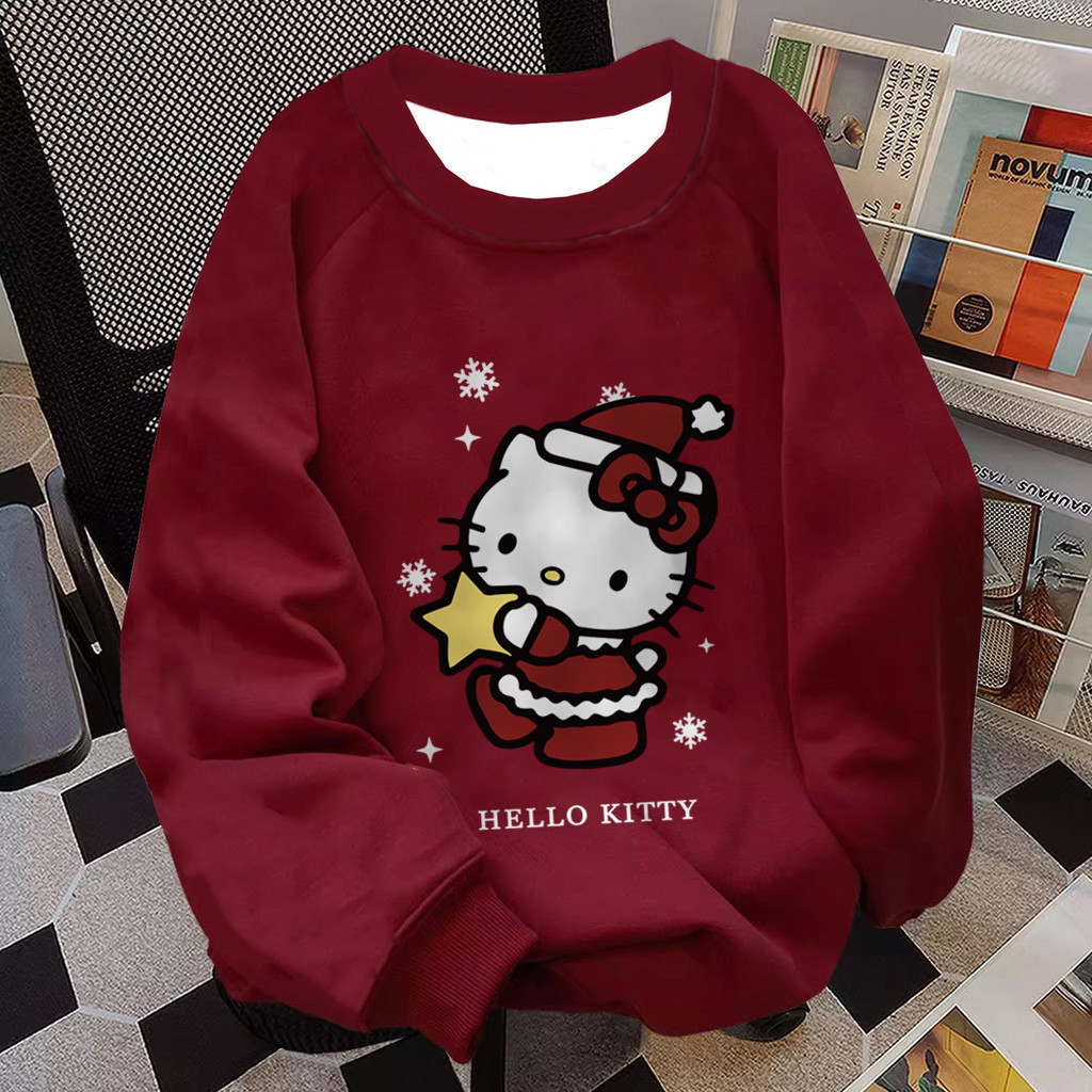 Plus ขนาด M-8XL คู่เสื้อกันหนาวเกาหลีผู้หญิง Hello Kitty Christmas Graphic Oversize ลําลองหลวมแขนยาวรอบคอเสื้อกันหนาวเสื้อกันหนาว