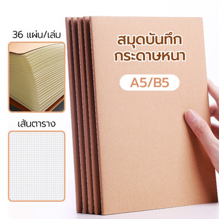 สมุดบันทึก สมุดโน๊ต ปกน้ำตาล เส้นตาราง ขนาด A5/B5 (36 แผ่น/เล่ม) QC-แพ็คอย่างดี