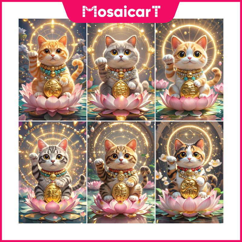 MA การ์ตูนแมว Lotus 5d ภาพวาดเพชรเต็มรูปแบบคู่มือห้องนั่งเล่นวางเพชร Cross Stitch ห้องรับประทานอาหารเพชรเย็บปักถักร้อยตกแต่งบ้าน 30x40 ซม./40x50 ซม./50x60 ซม.