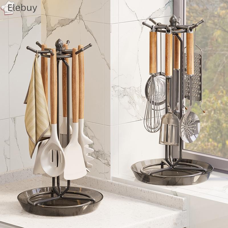 Elebuy 360 องศา Rotag ผู้ถือเครื่องครัวสแตนเลสเครื่องครัวเครื่องมือผู้ถือขาตั้ง Rack 6 ตะขอและถาดท่อระบายน้ําใหม่