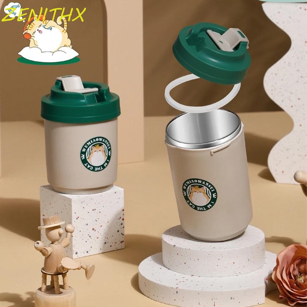 Zenithx แก้วกาแฟความร้อนสแตนเลส, 380/480ML ถ้วยกาแฟสองชั้น, Drinkware สูญญากาศการ์ตูนแมว Pattan ฉนวน