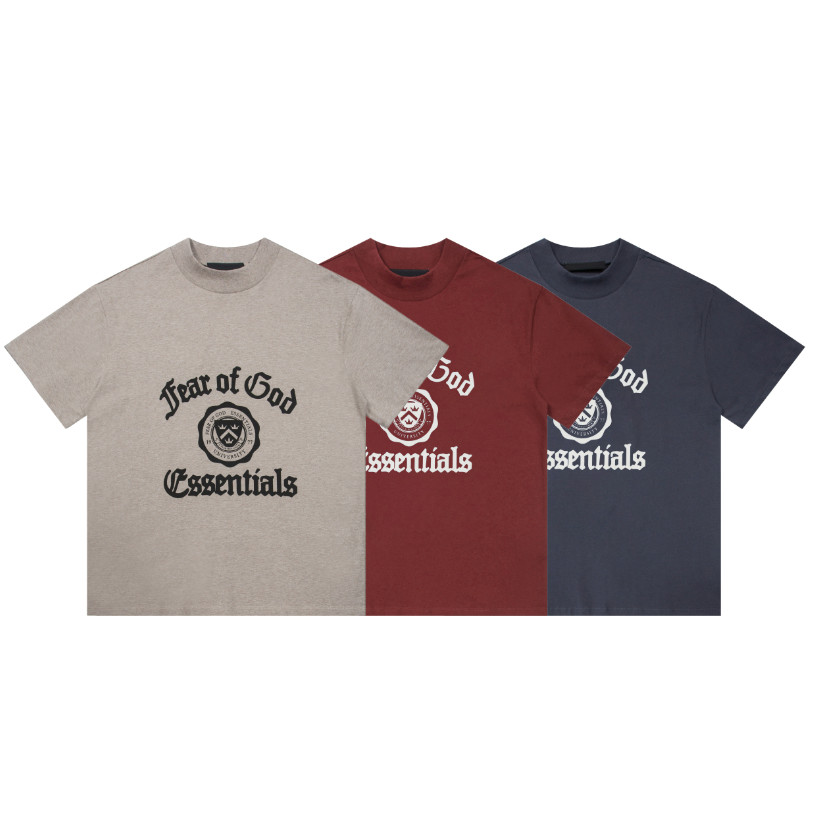 FOG สายหลัก FOG Double Line ESSENTIALS Double Line ลําลองหลวมสูงรอบคอแขนสั้นเสื้อยืดผู้ชายผู้หญิงสไต