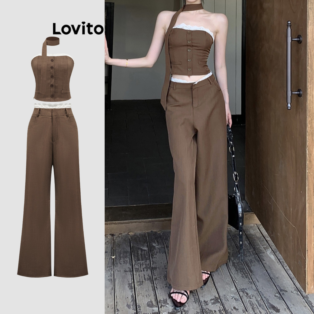 Lovito ชุดกางเกงลูกไม้สีพื้นลำลองสำหรับผู้หญิง L110AD1504