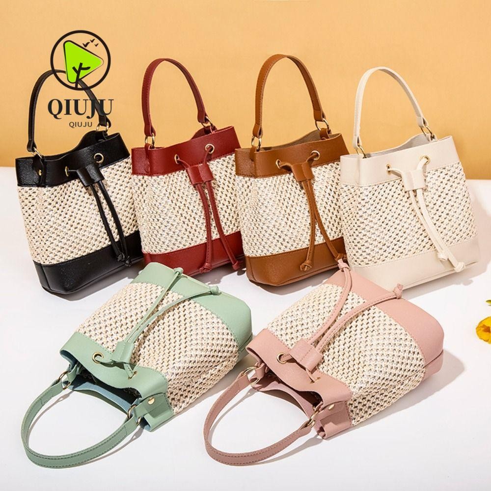 กระเป๋าสะพาย QIJU, Boho สีดําสีขาวสีแดงทอกระเป๋าถัง,แฟชั่น PU Women Purse Women