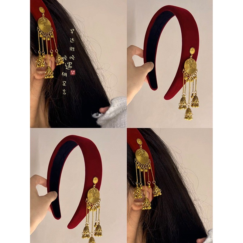 [นกกางเขน]ที่คาดผมพู่กํามะหยี่สีแดงสําหรับผู้หญิง, ใหม่สไตล์จีนสไตล์ชาติพันธุ์แถบคาดศีรษะแรงดันสูงกะโหลกย้อนยุคเครื่องประดับผม
