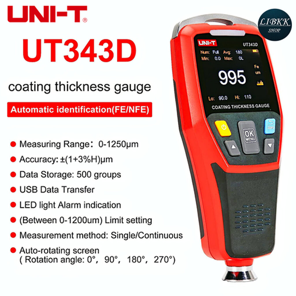 UNI-T  UT343D เคลือบผิวรถดิจิตอลสีฟิล์ม FE/NFE วัด0 ~ 1250um จัดเก็บข้อมูล USB หมุน LCD