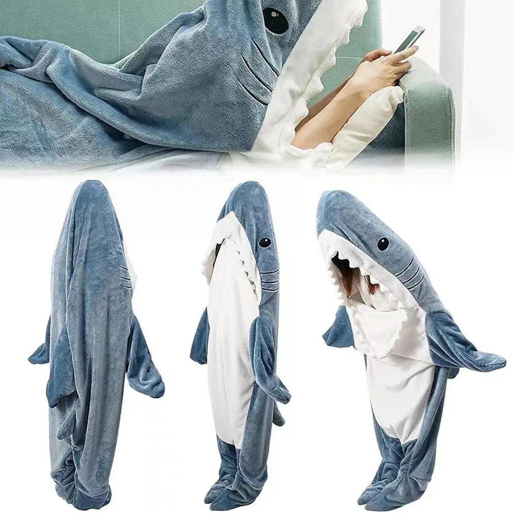 พร้อมส่ง ชุดนอนผ้านวม ชุดคอสเพลย์ ชุดมาสคอต Shark Blanket ถุงนอน มีฮู้ด เสื้อผ้าการ์ตูน สําหรับผู้ใหญ่