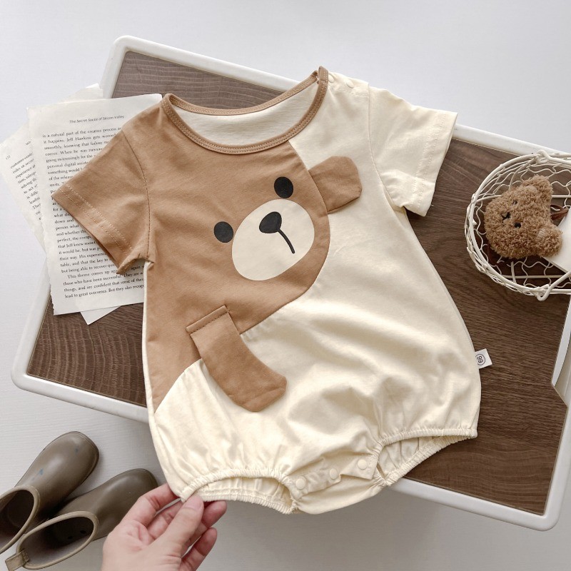 บอดี้สูทเด็กฤดูร้อนแขนสั้นเหมาะสมกับเด็กทารกหญิงการ์ตูนหมี ชุดรอมเปอร์ 0-2ปีเสื้อผ้าเด็ก