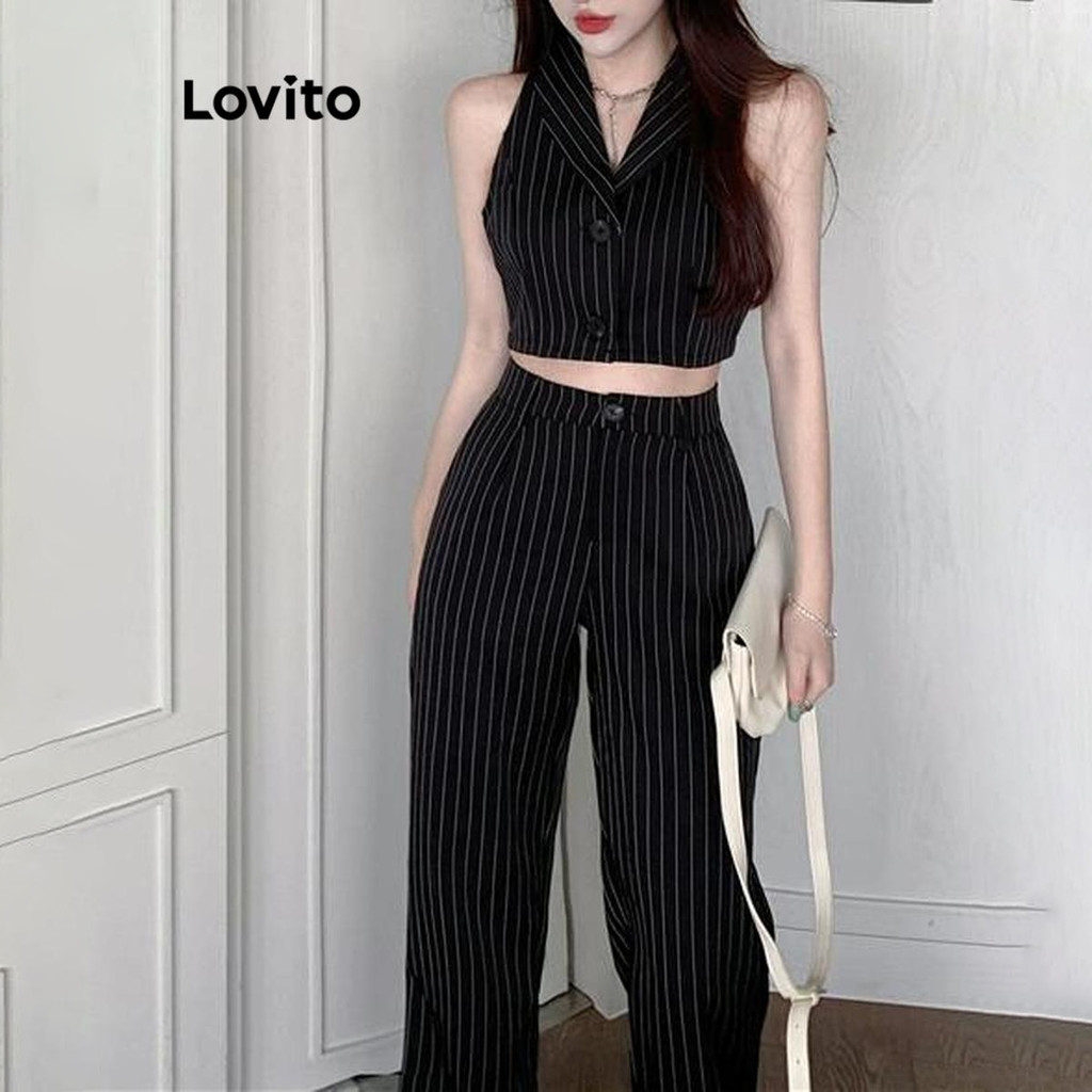 Lovito ชุดเซ็ทกางเกงขายาวสาวอวบ ลายทาง มีกระดุม สไตล์ลำลอง LNA54032